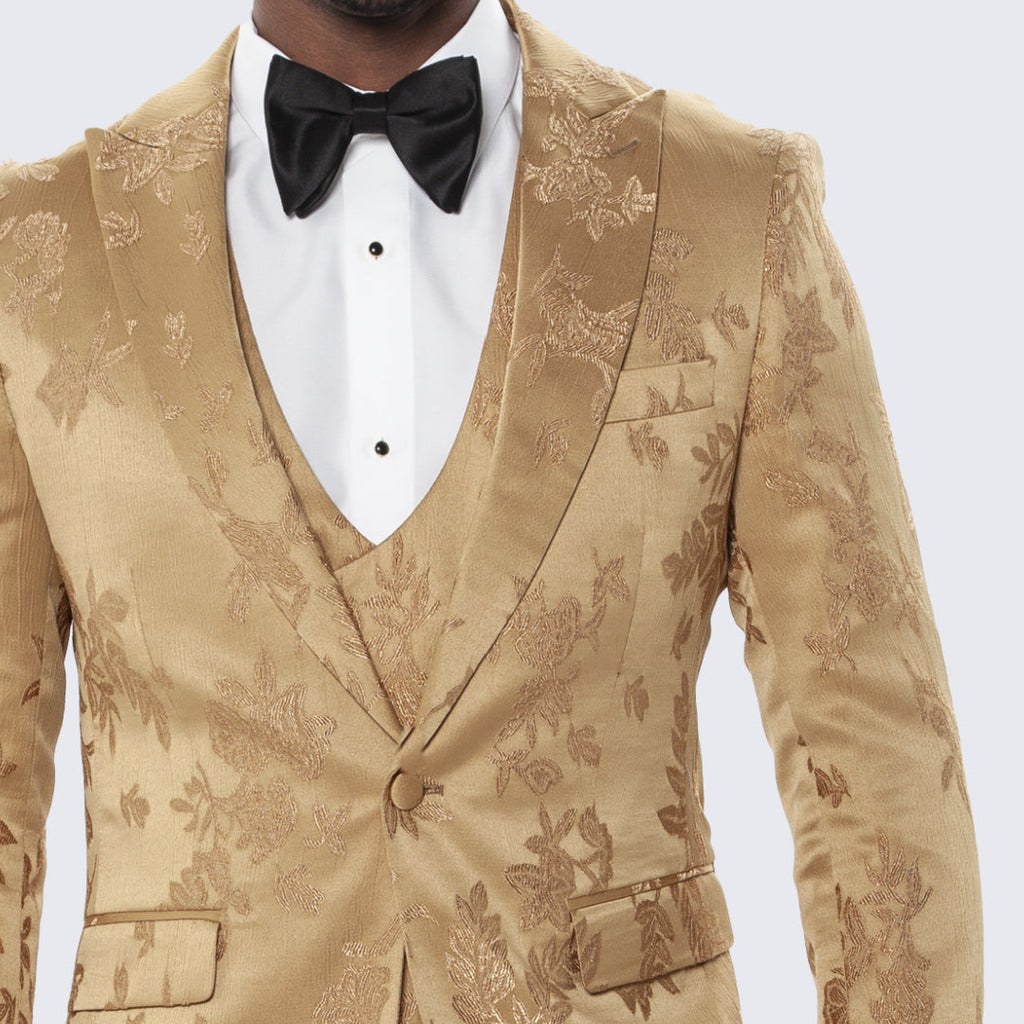Gold Floral Jacquard Satin Tuxedo with Peak Lapel – Wedding & Prom