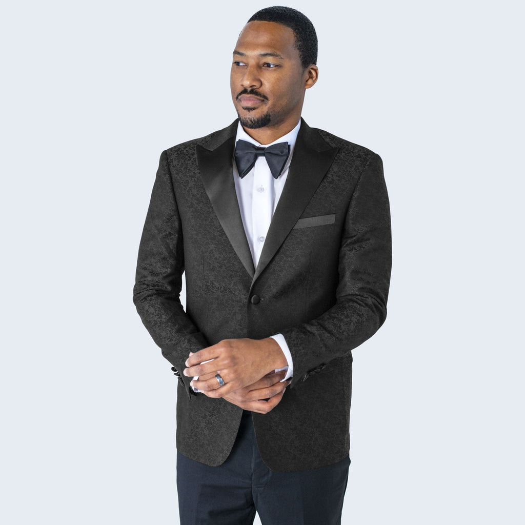 Black Paisley Tuxedo Jacket with Large Peak Lapel – Wedding & Prom