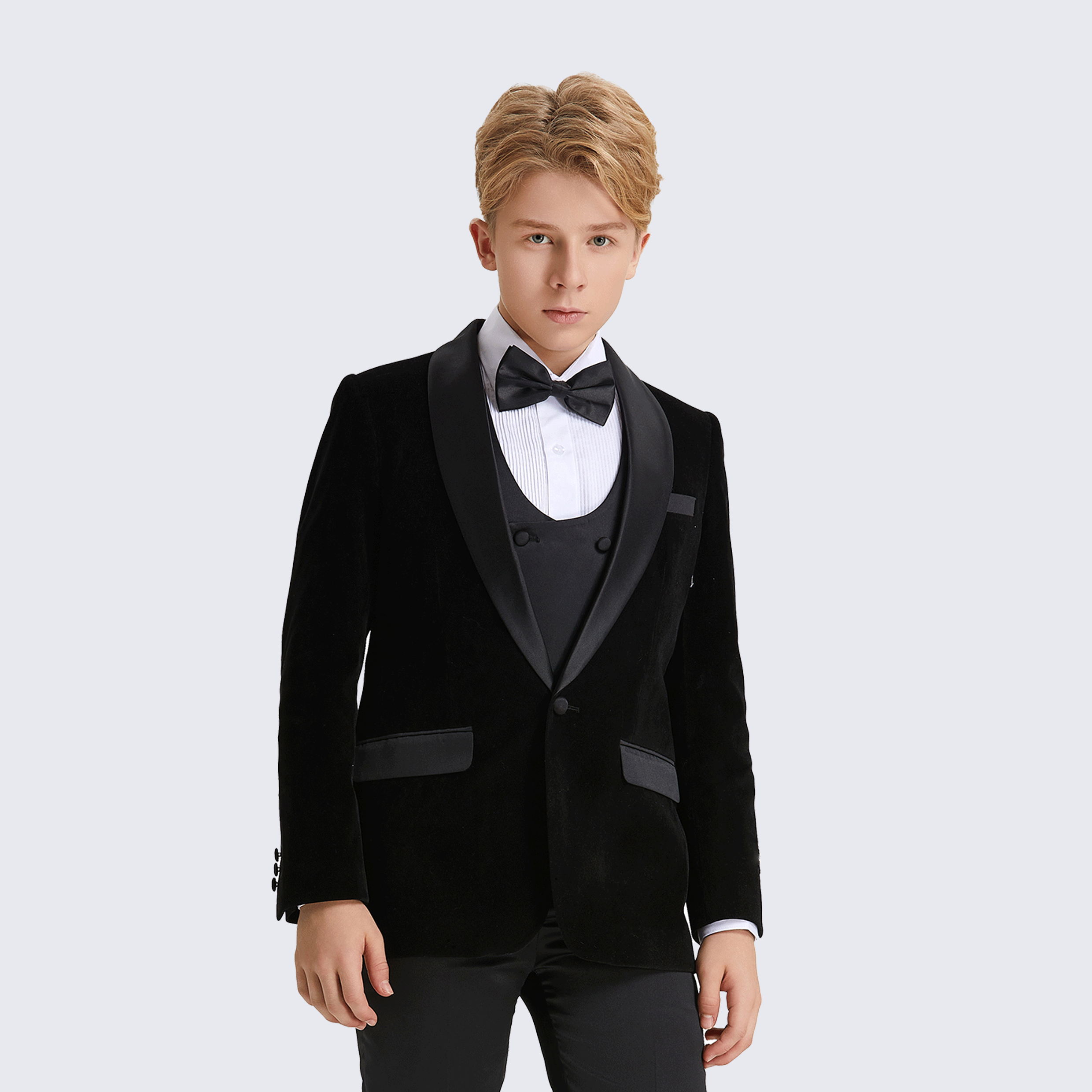 Boy's Black Tuxedo Velvet 5-Piece Set for Kids Teen Children - Wedding