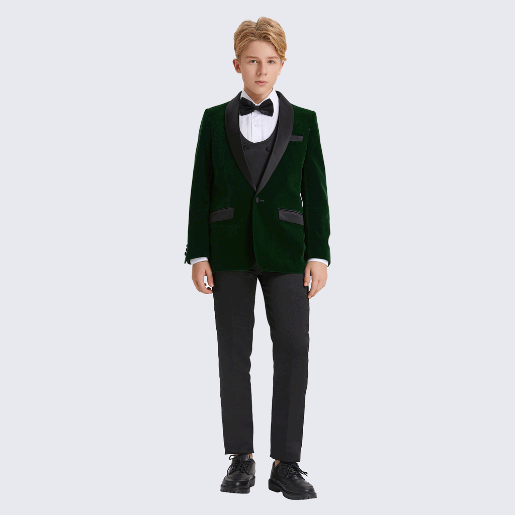 Boy's Green Tuxedo Velvet 5-Piece Set for Kids Teen Children - Wedding