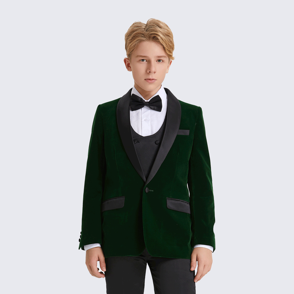 Boy's Green Tuxedo Velvet 5-Piece Set for Kids Teen Children - Wedding