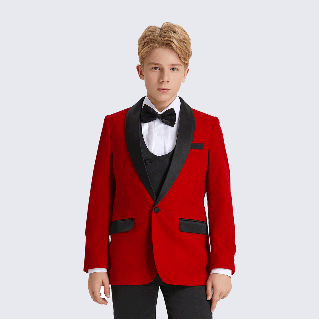 Boy's Red Tuxedo Velvet 5-Piece Set for Kids Teen Children - Wedding