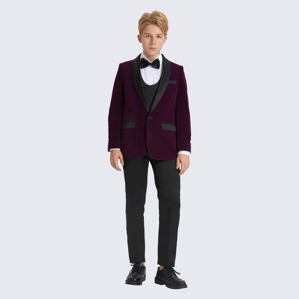 Boy's  Purple Tuxedo Velvet 5-Piece Set for Kids Teen Children - Wedding