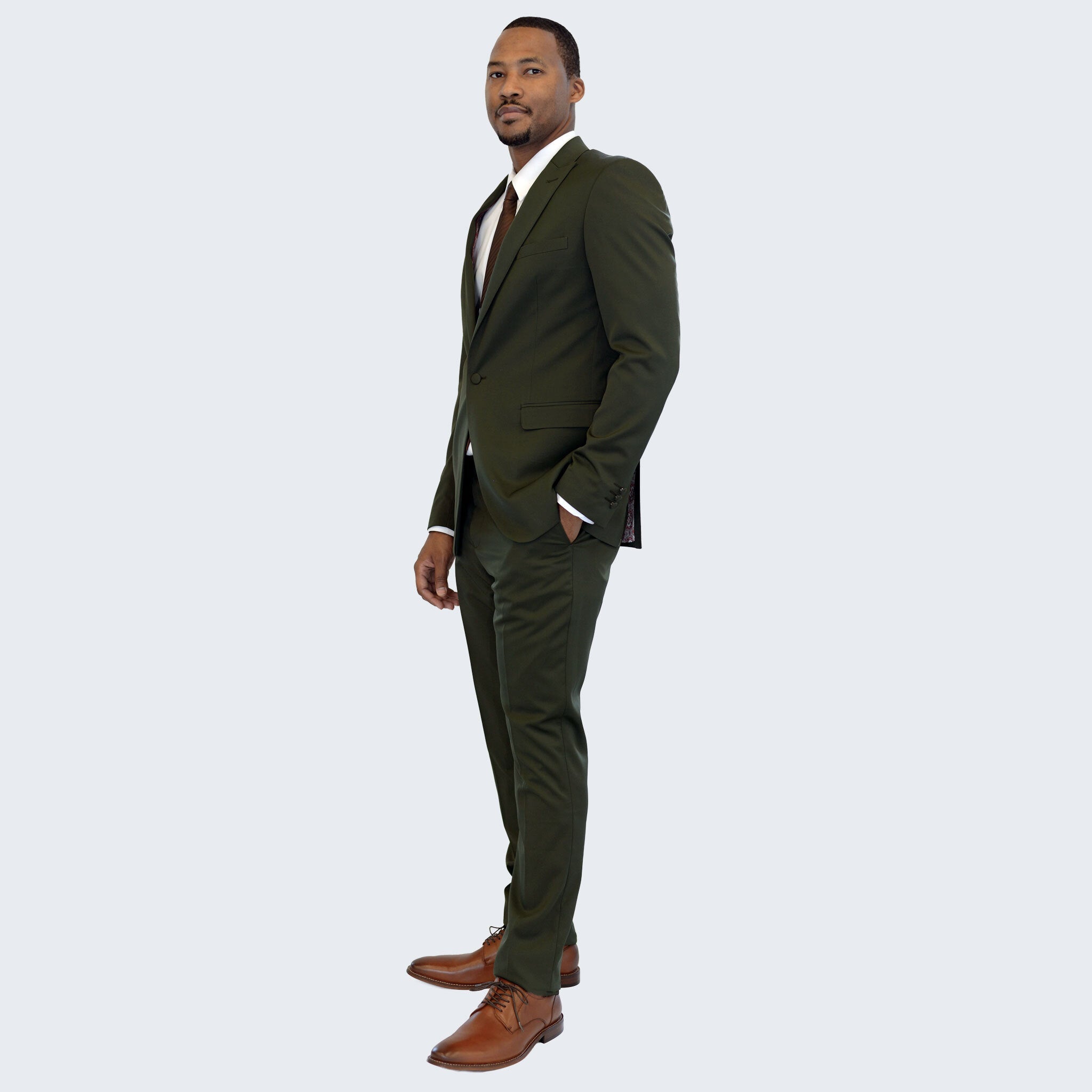 [DISCOUNTED] Olive Green Slim Fit Suit with Peak Lapel - Limited Sizes