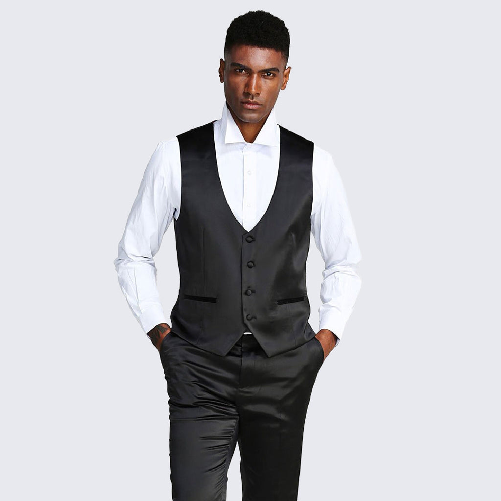[DISCOUNTED] Black Slim Fit Tuxedo Fully Satin Four Piece Set - Limited Sizes