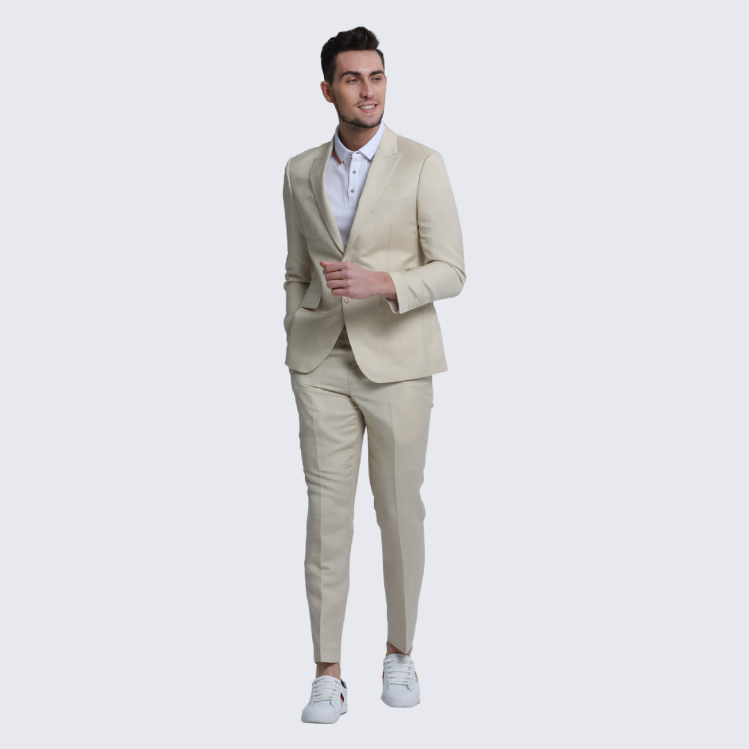 [DISCOUNTED] Tan Linen Suit Slim Fit Two Piece Set - Limited Sizes