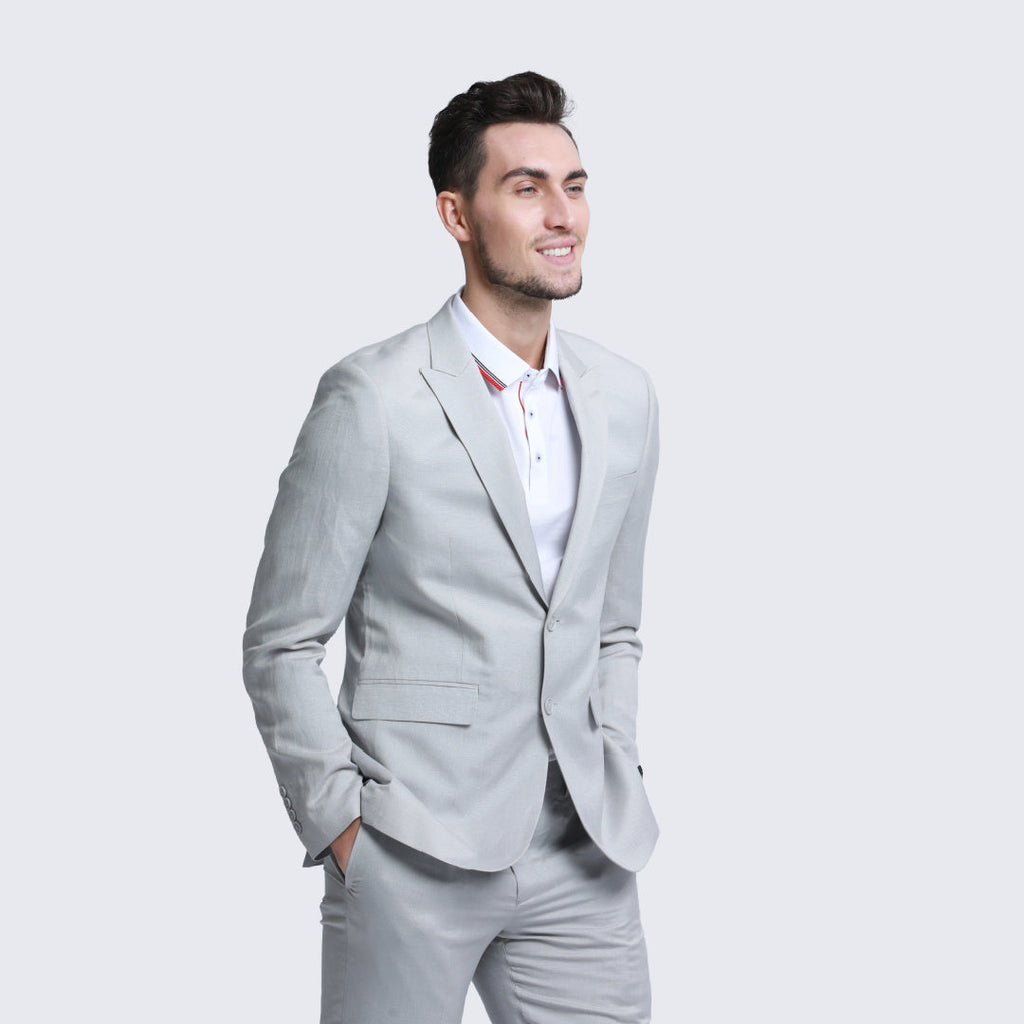 [DISCOUNTED] Light Grey Linen Suit Slim Fit Two Piece Set - Limited Sizes