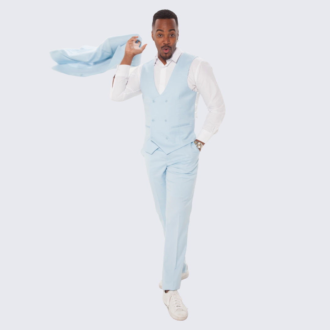 [DISCOUNTED] Baby Blue Slim Fit Suit With Double Breasted Vest - Limited Sizes