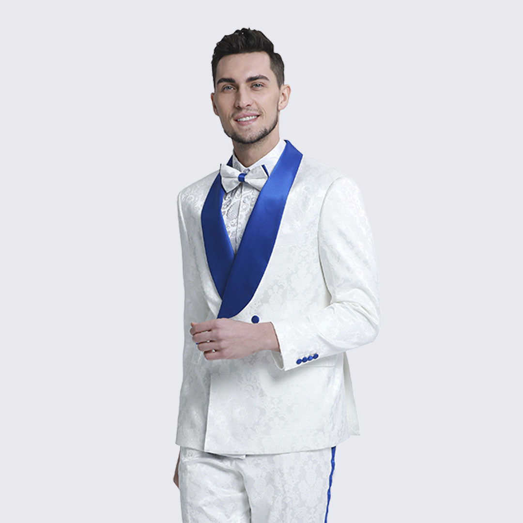 White and Royal Blue Tuxedo with Textured Paisley Design Two Piece Set - Wedding - Prom