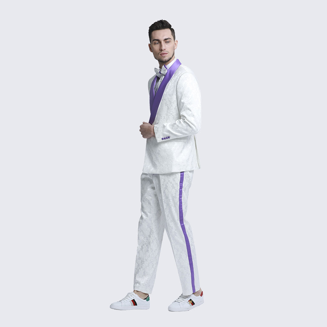 White and Purple Tuxedo with Textured Paisley Design Two Piece Set - Wedding - Prom