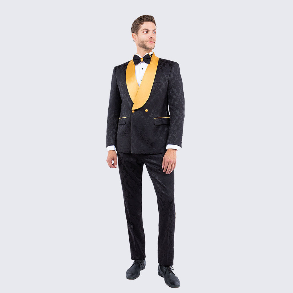 [DISCOUNTED] Black and Gold Tuxedo with Textured Paisley Design Two Piece Set - Limited Sizes
