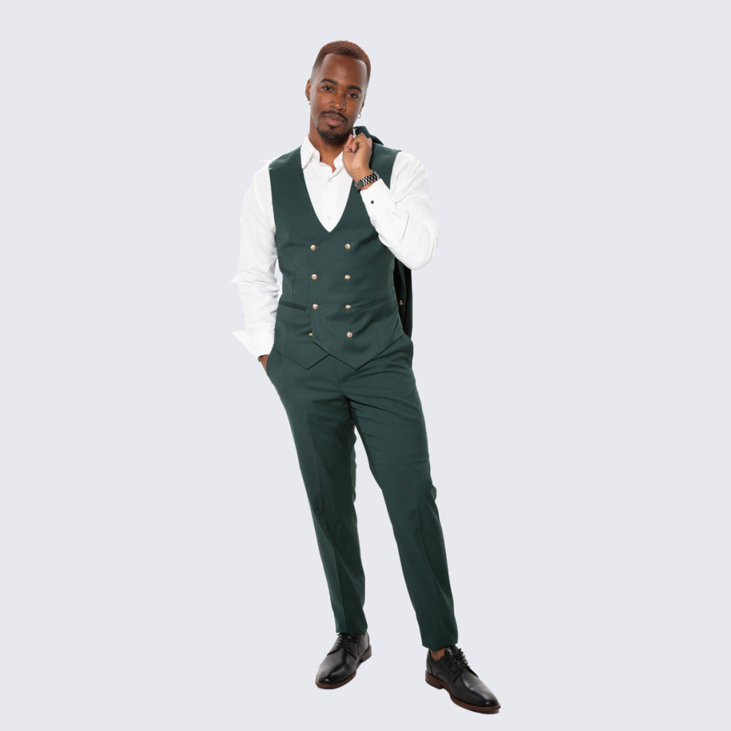 [DISCOUNTED] Green Skinny Fit Suit Three Piece Set with Double Breasted Vest - Limited Sizes