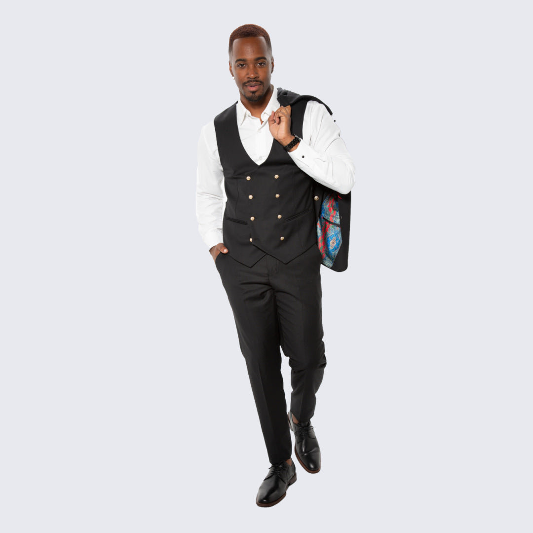 Black Skinny Fit Suit Three Piece Set with Double Breasted Vest - Wedding - Prom