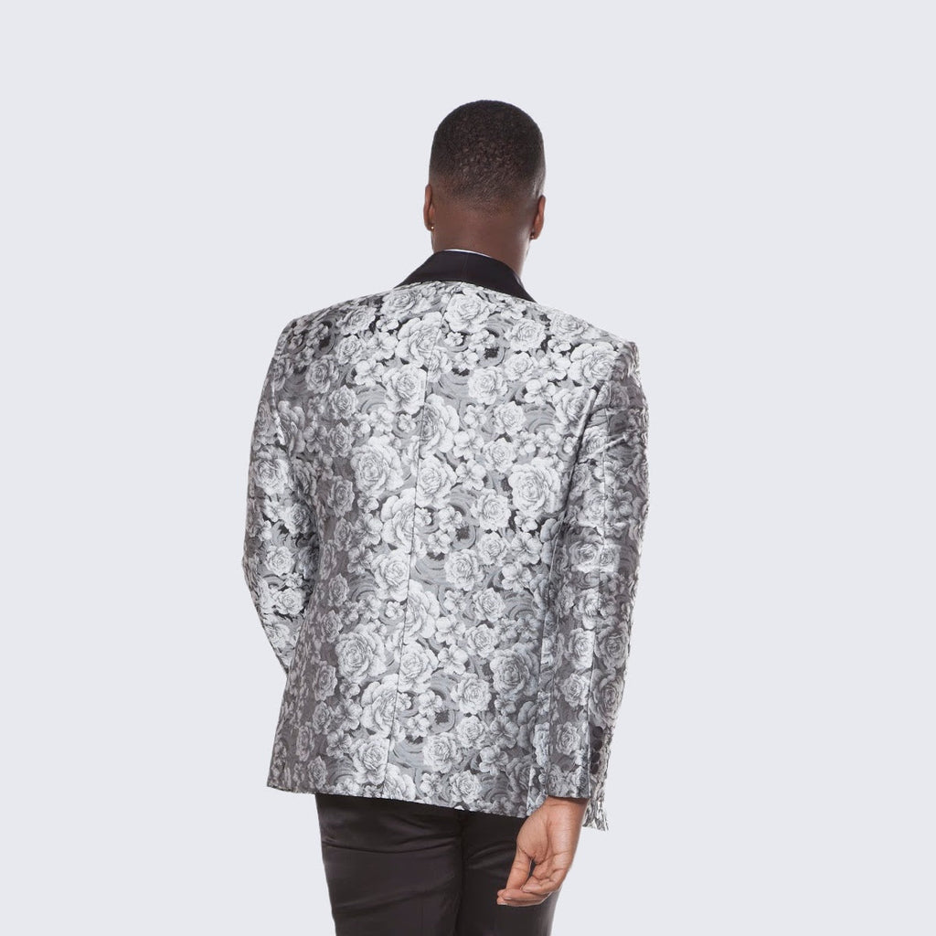 [DISCOUNTED] Silver Tuxedo with Floral Pattern Four Piece Set - Limited Sizes