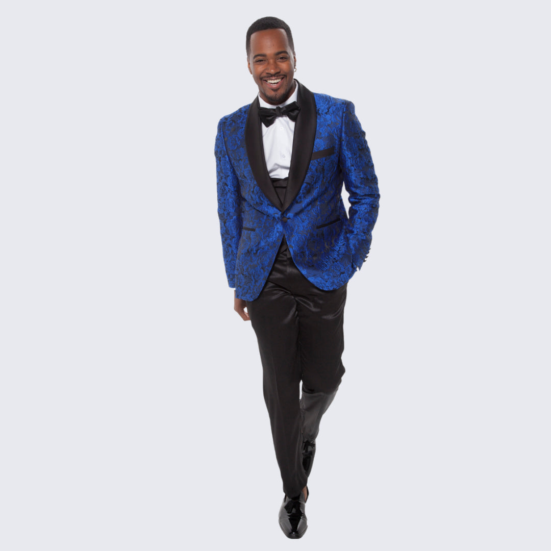 [DISCOUNTED] Royal Blue Tuxedo with Floral Design Four Piece Set - Limited Sizes