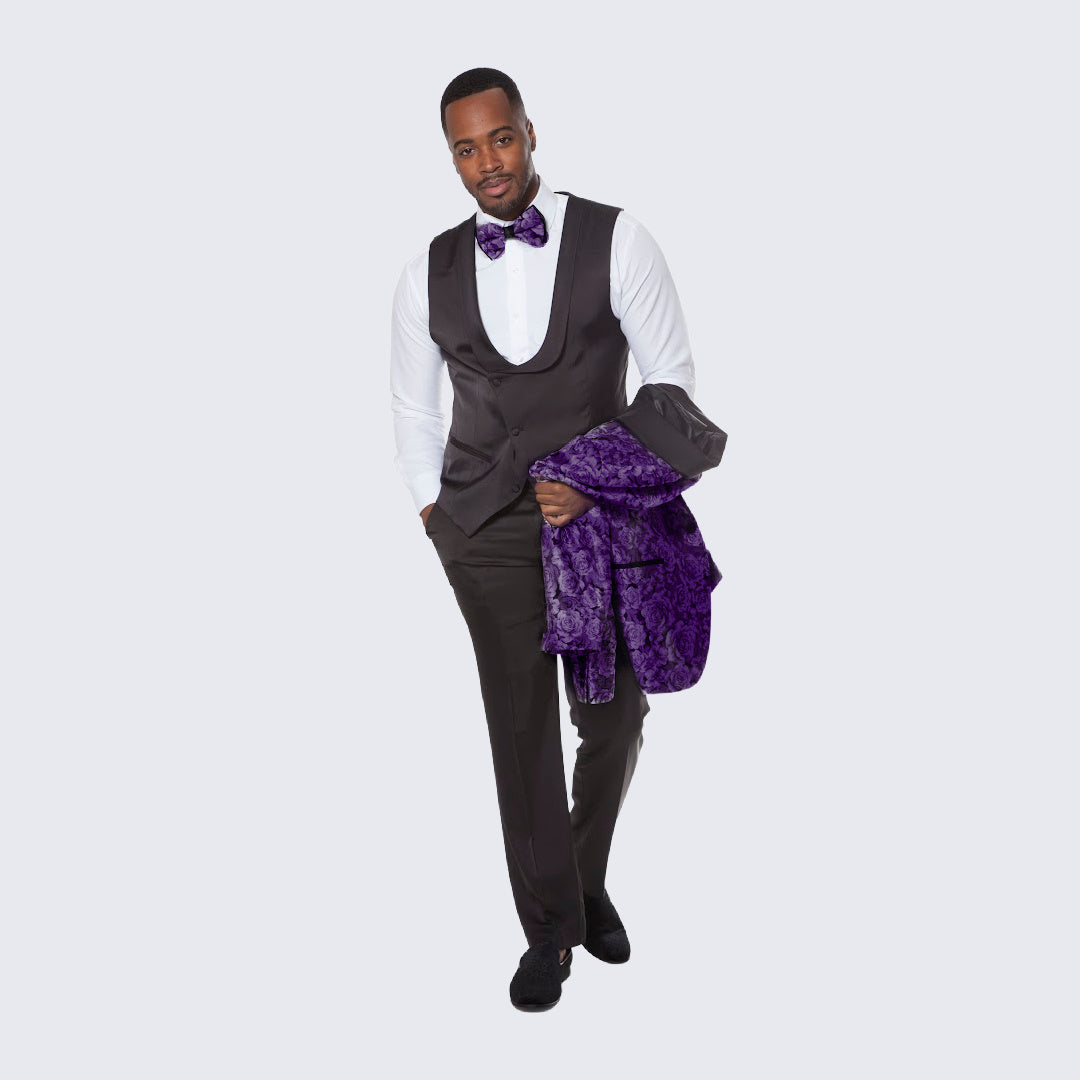 [DISCOUNTED] Purple Tuxedo with Floral Pattern Four Piece Set - Limited Sizes
