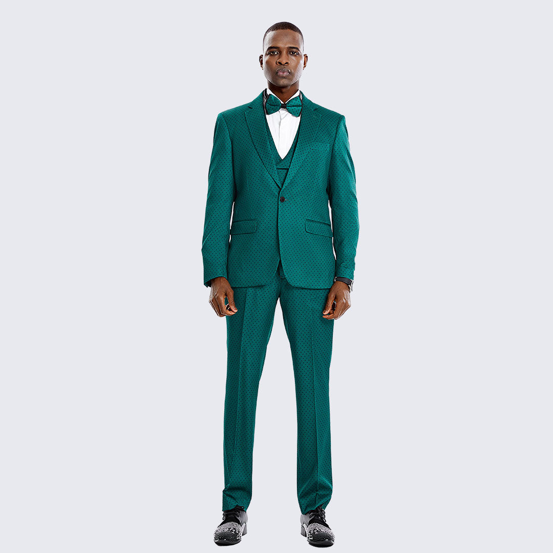 Emerald Green Tuxedo with Dot Pattern Three Piece Set - Wedding - Prom