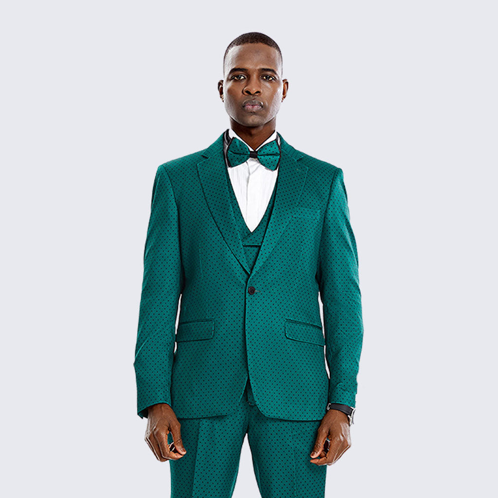 Emerald Green Tuxedo with Dot Pattern Three Piece Set - Wedding - Prom