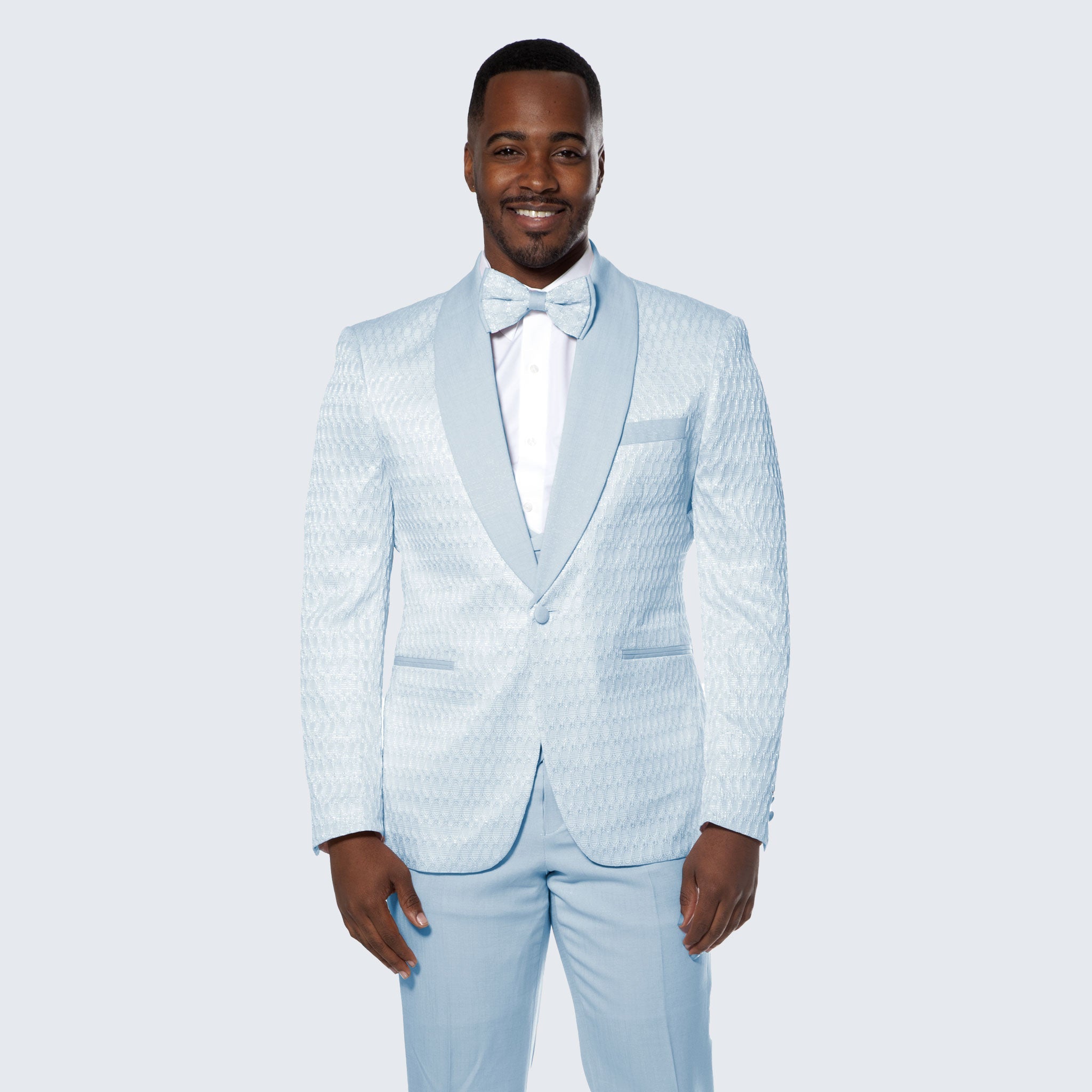 [DISCOUNTED] Sky Blue Tuxedo with Textured Pattern Four Piece Set - Limited Sizes