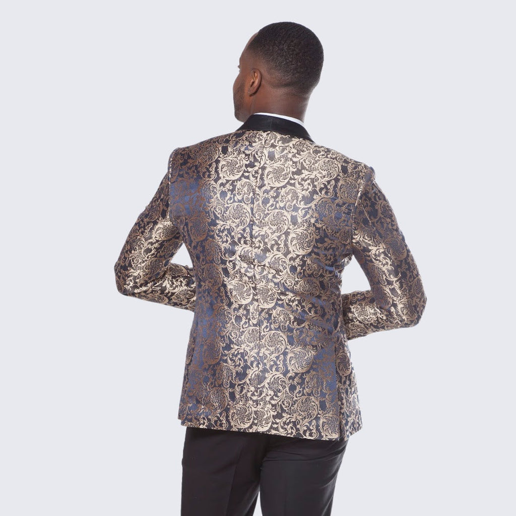 [DISCOUNTED] Blue Tuxedo with Gold Pattern Four Piece Set - Limited Sizes