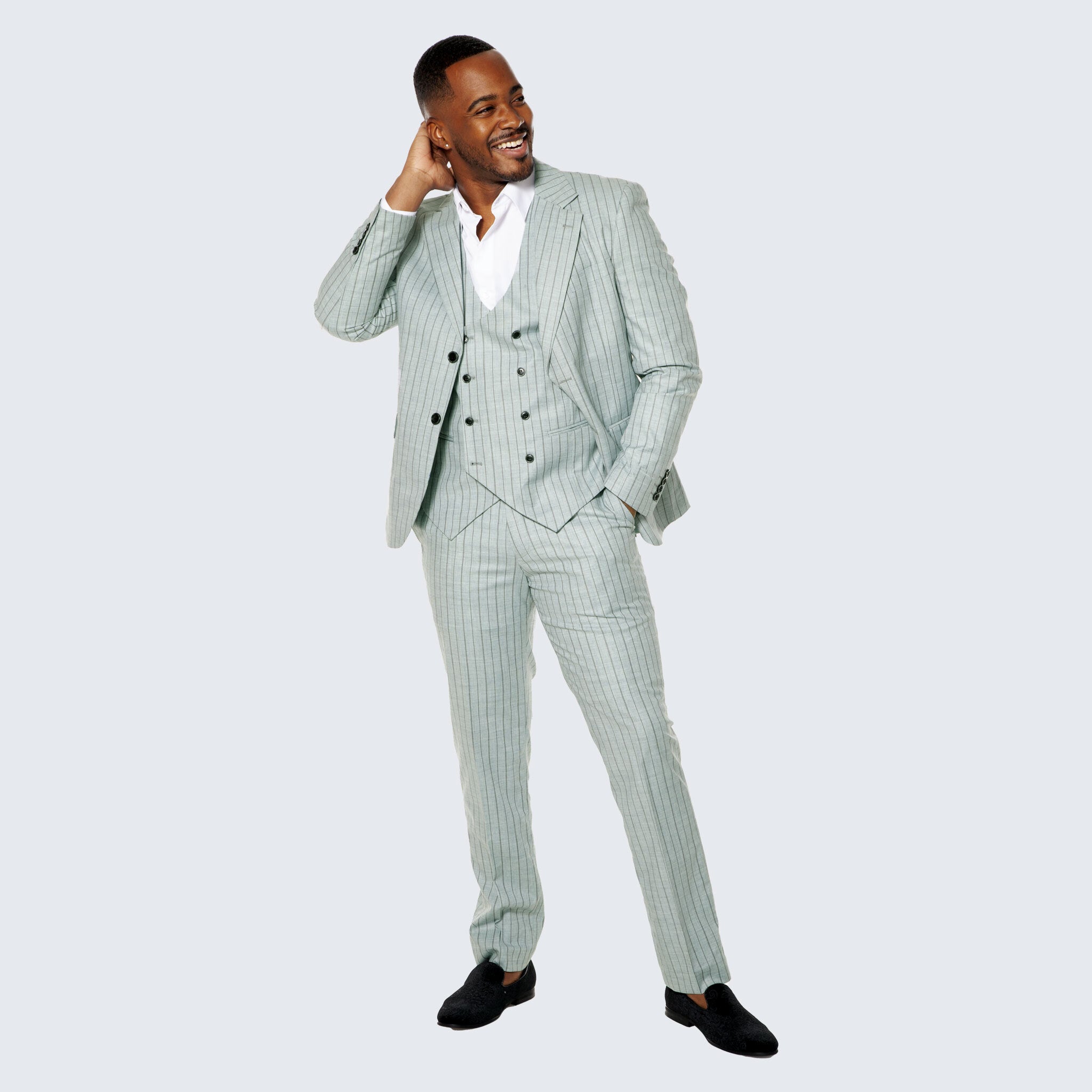 [DISCOUNTED] Mint Grey Suit with Pinstripes Three Piece Set - Limited Sizes