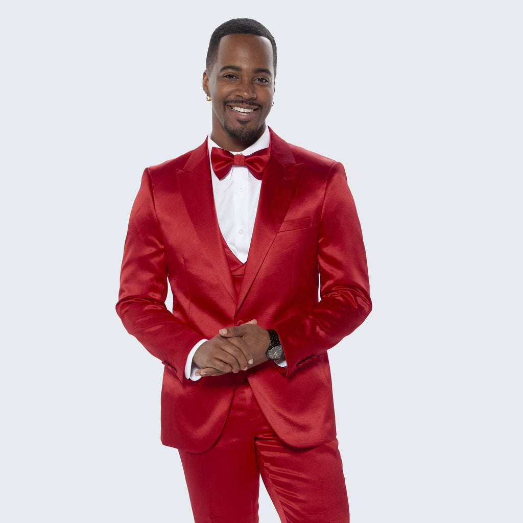 Burgundy Satin Tuxedo 4-Piece Set with Peak Lapel – Wedding & Prom