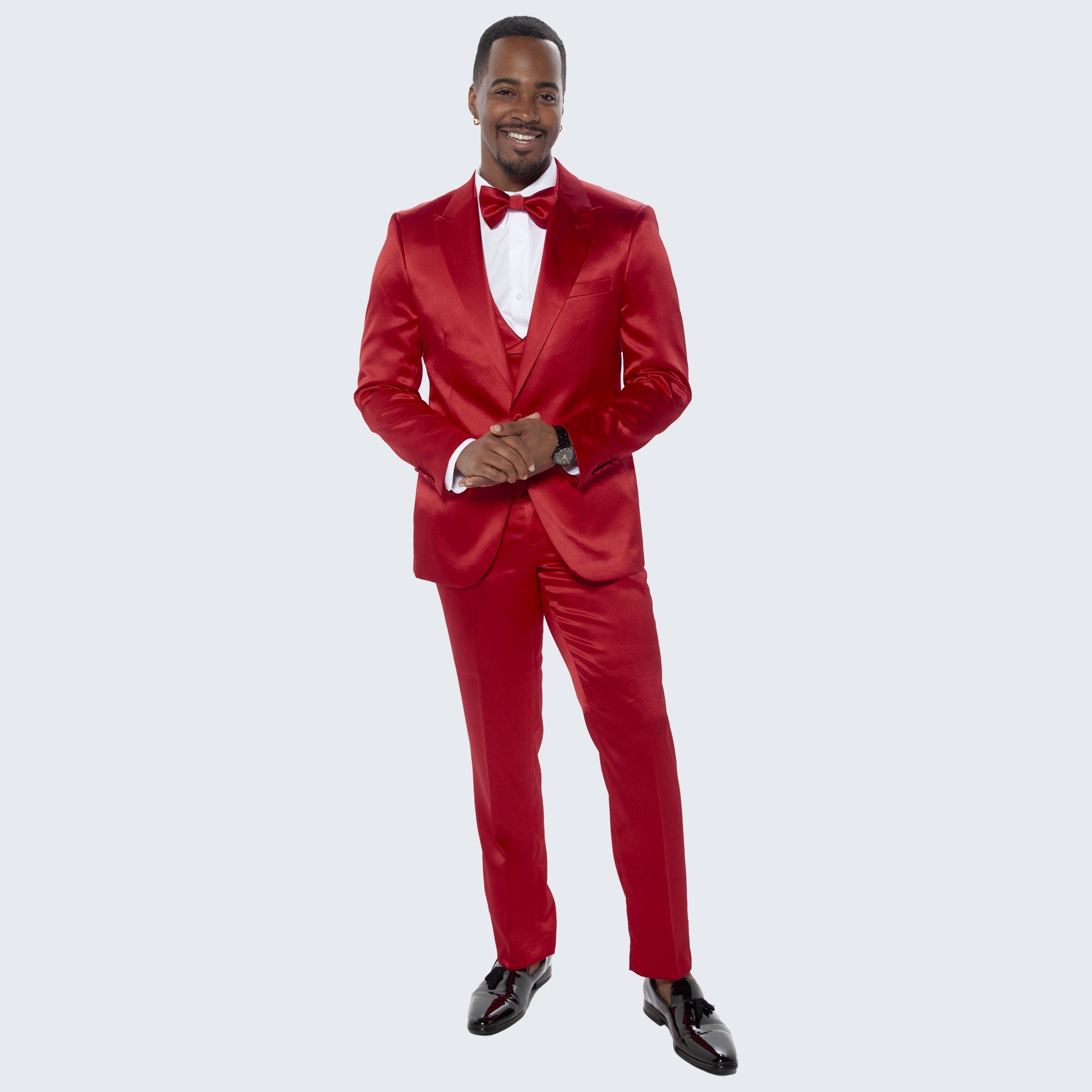 Burgundy Satin Tuxedo 4-Piece Set with Peak Lapel – Wedding & Prom