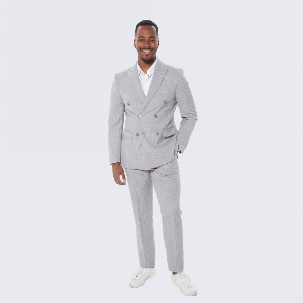 [DISCOUNTED] Gray Pinstripe Suit Double Breasted Wide Peak Lapel - Limited Sizes