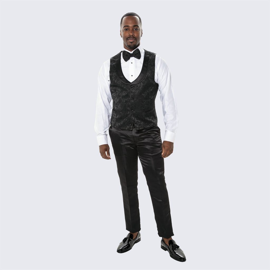 Men's Black Tuxedo with Floral Design Four Piece Set- Wedding - Prom
