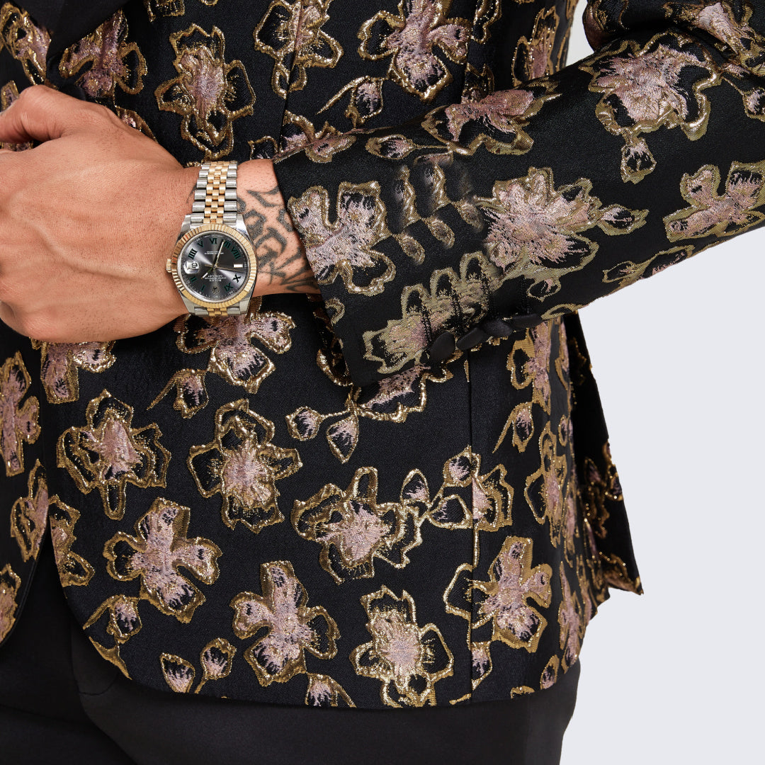 Men's Black and Rose Gold Tuxedo with Textured Floral Design- Wedding - Prom