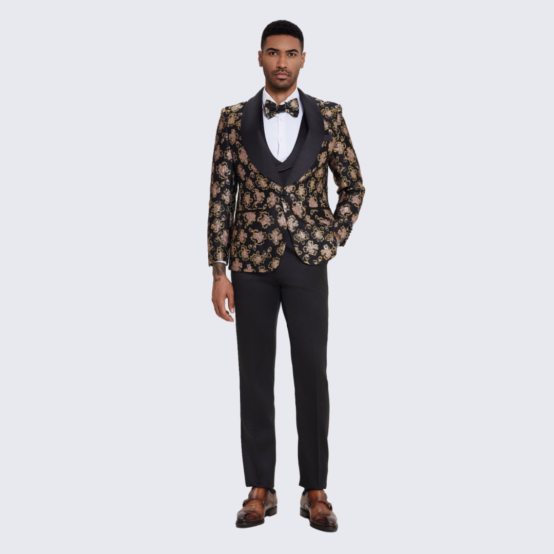 Men's Black and Rose Gold Tuxedo with Textured Floral Design- Wedding - Prom