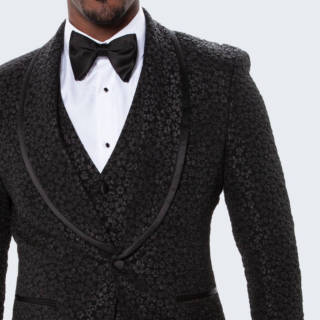 Men's Black Tuxedo with Floral Design Three Piece Set- Wedding - Prom