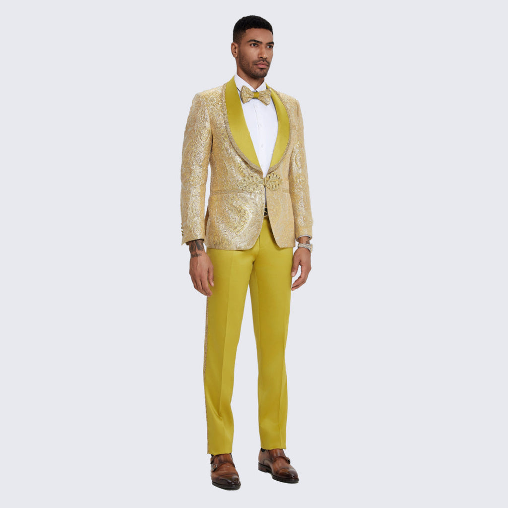 Men's Yellow Tuxedo with Gold Textured Paisley Design- Wedding - Prom