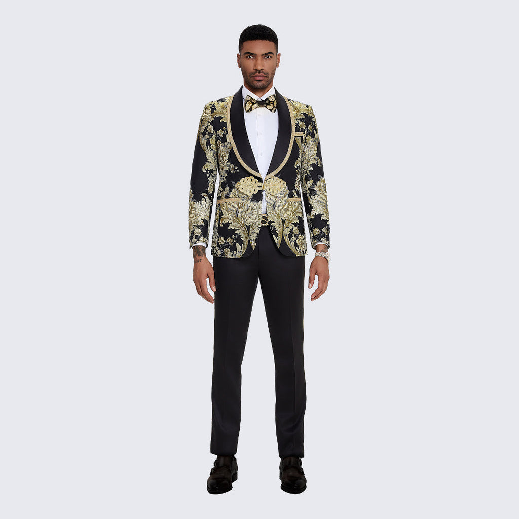 Men's Black Tuxedo with Gold Textured Paisley Design- Wedding - Prom