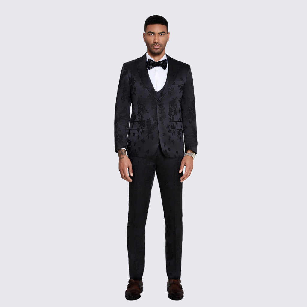 Black Floral Jacquard Satin Tuxedo with Peak Lapel – Wedding & Prom