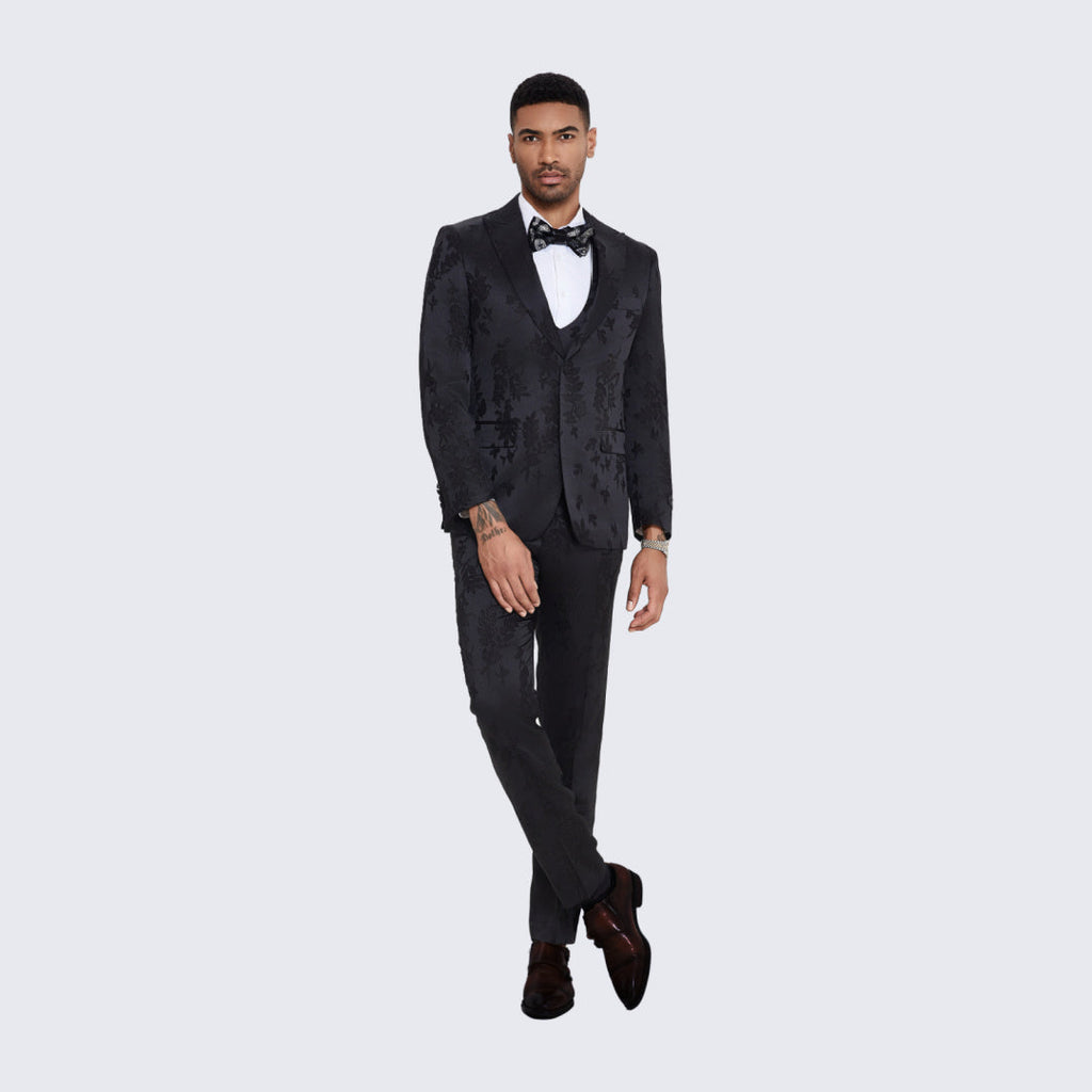 Black Floral Jacquard Satin Tuxedo with Peak Lapel – Wedding & Prom