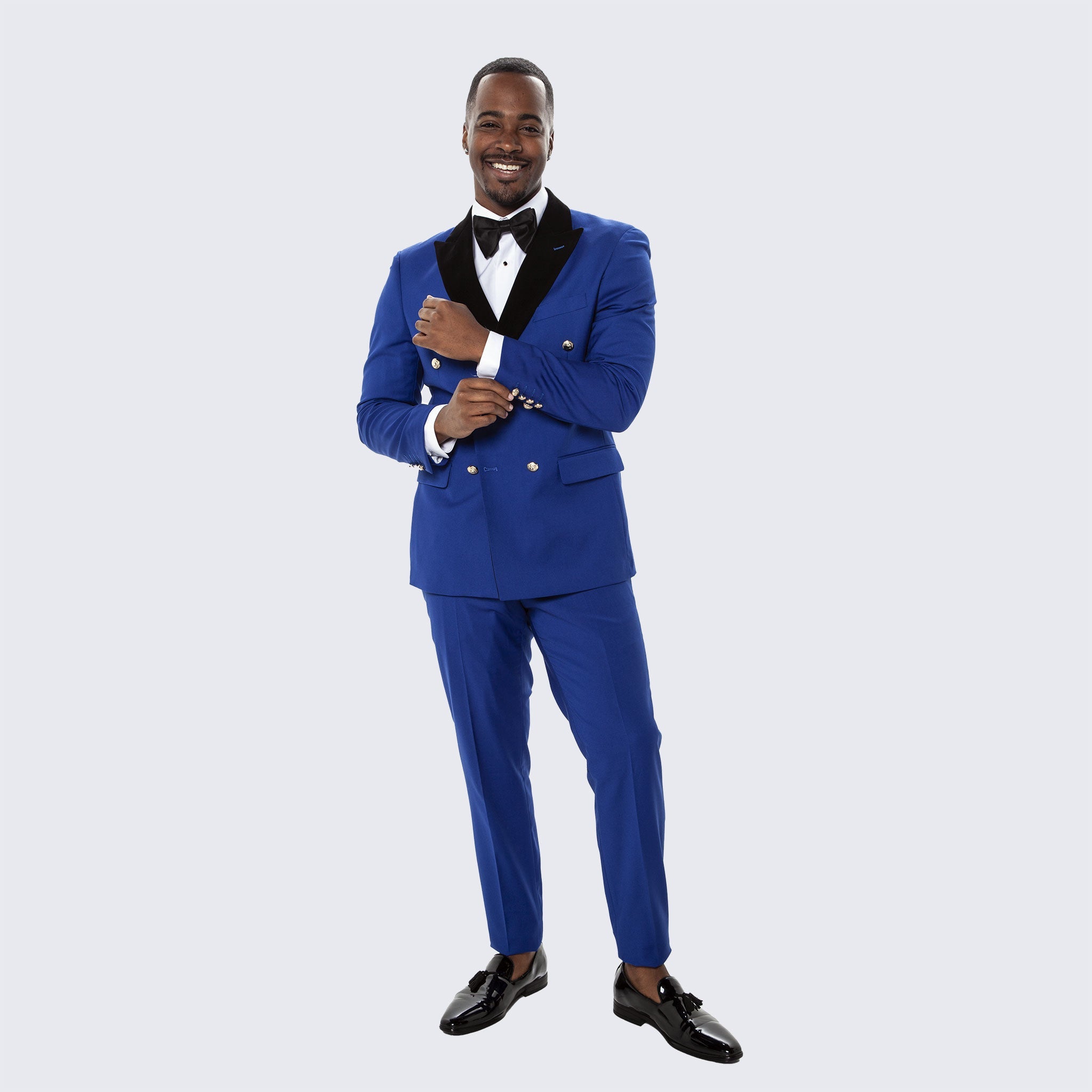 Blue Double Breasted Tuxedo with Velvet Peak Lapel - Wedding - Prom