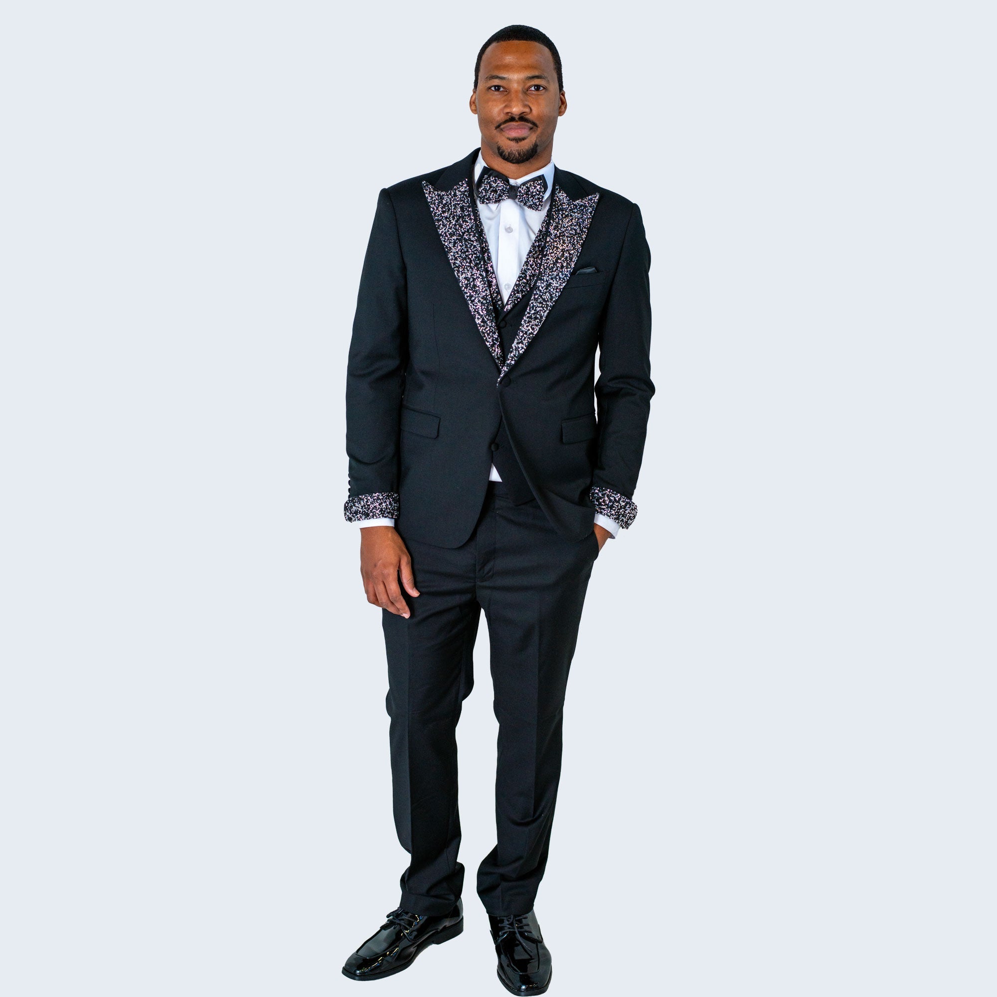 Black Tuxedo Stone Peak Lapel Four Piece Set  - Wedding - Prom