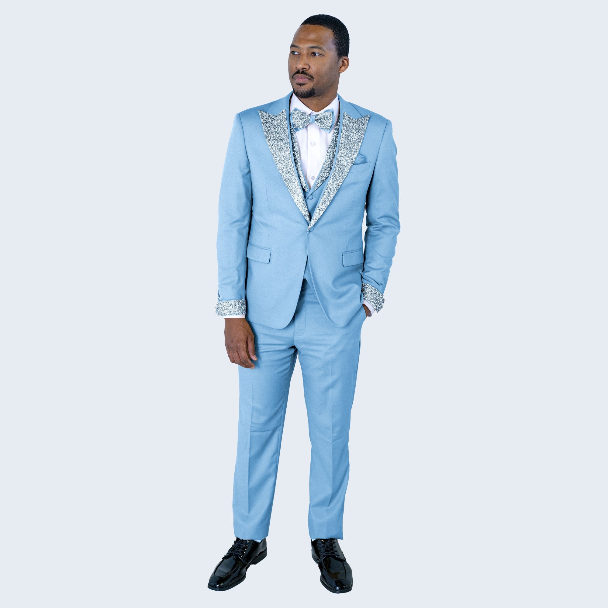 Light Blue Peak Lapel Tuxedo with Stones – 4 Piece Set