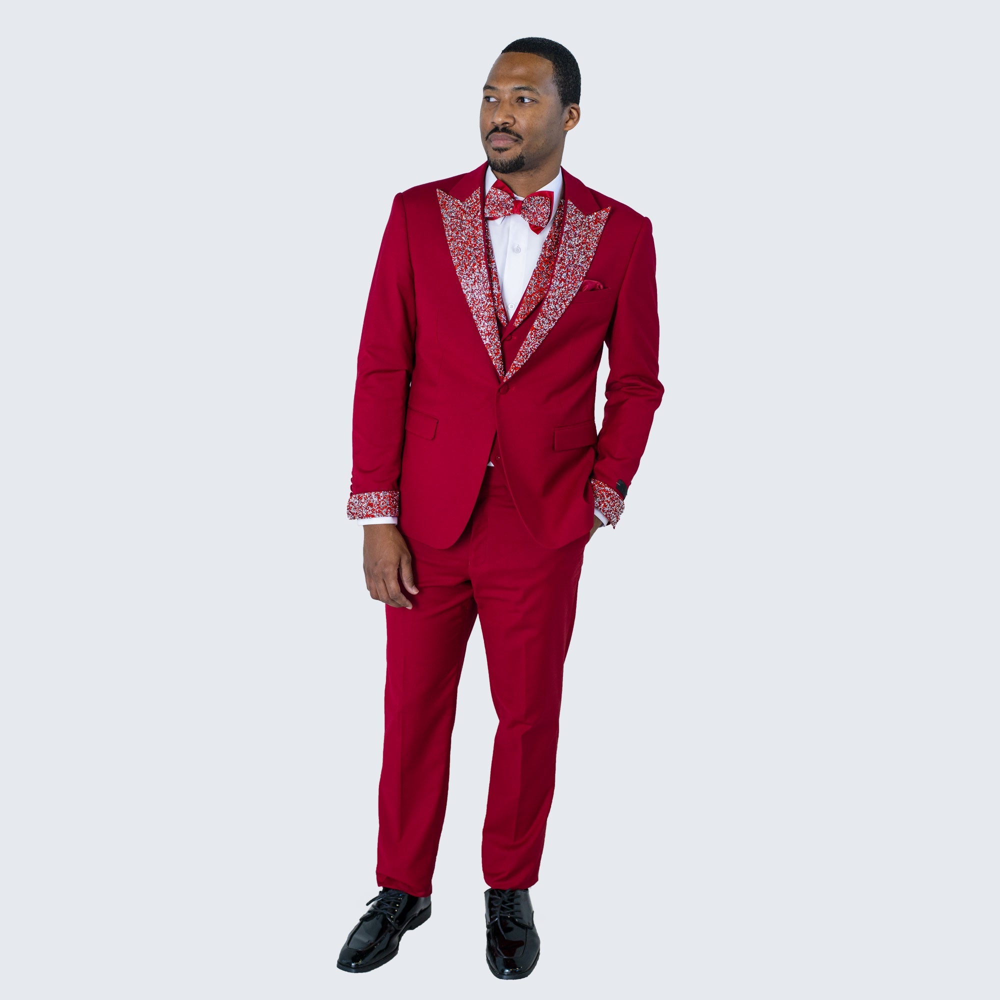 Red Peak Lapel Tuxedo with Stones – 4 Piece Set
