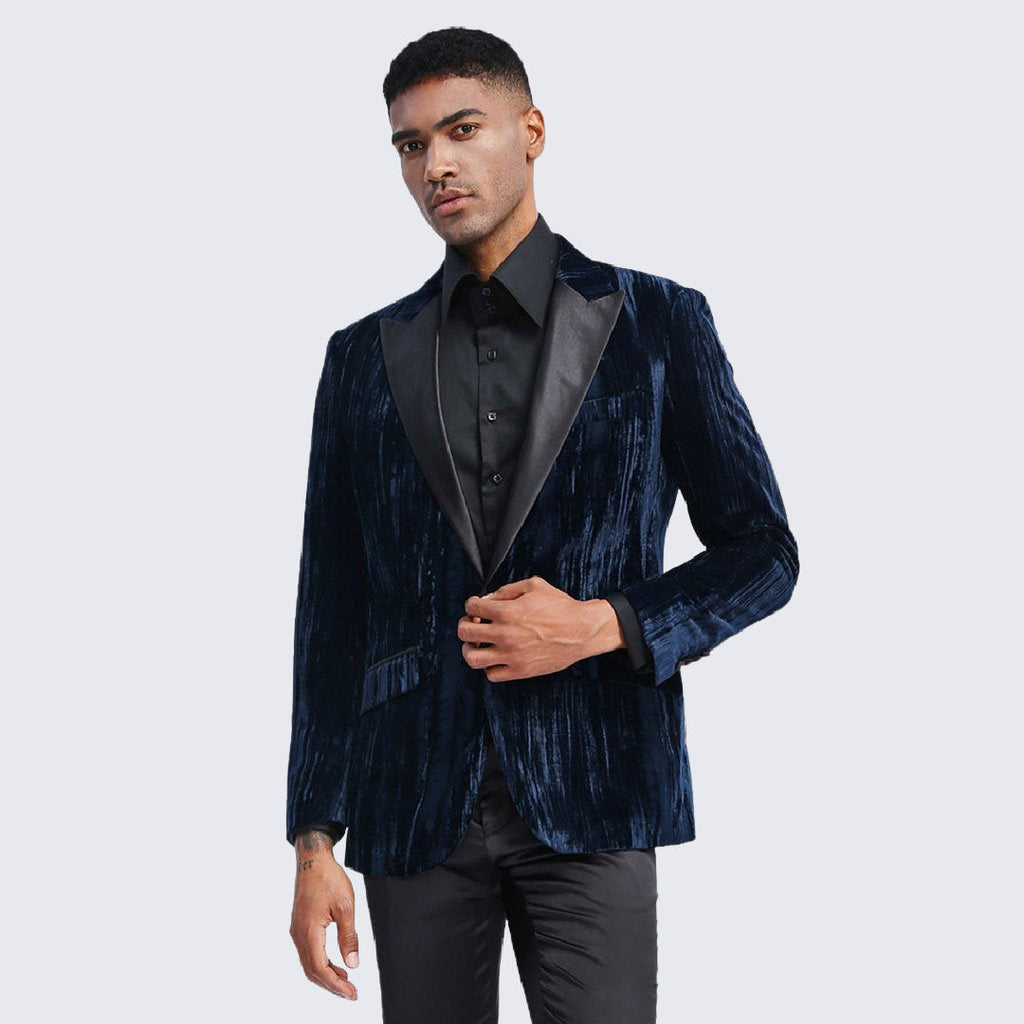 [DISCOUNTED] Navy Tuxedo Jacket with Fancy Velvet Feel Pattern Slim Fit - Limited Sizes