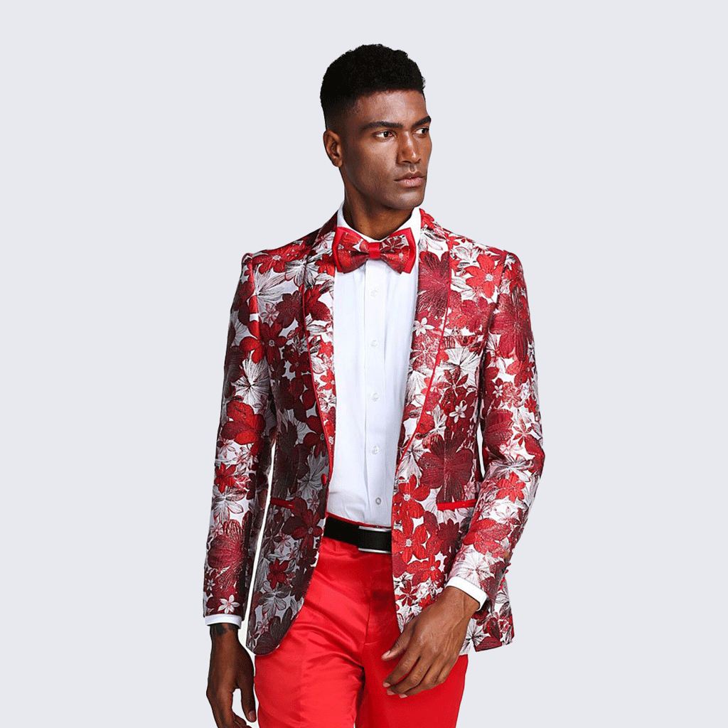[DISCOUNTED] Red Floral Tuxedo Jacket Slim Fit - Limited Sizes