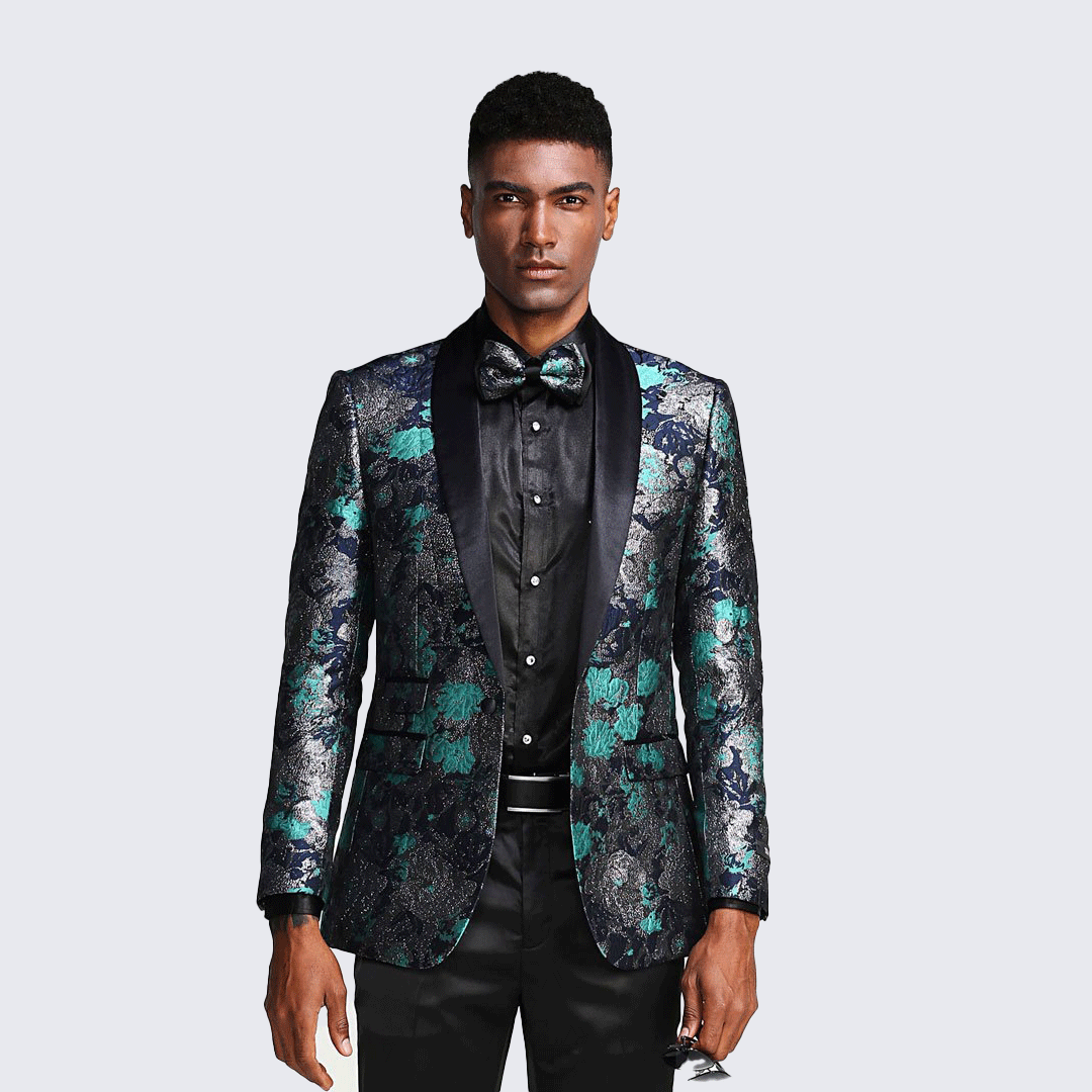 [DISCOUNTED] Turquoise Tuxedo Jacket Floral Pattern Slim Fit - Limited Sizes