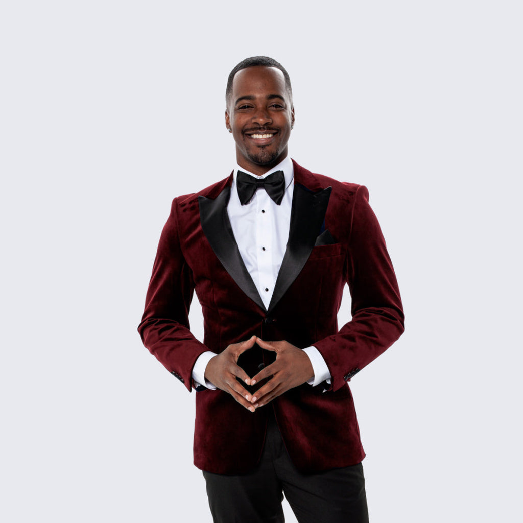 [DISCOUNTED] Burgundy Velvet Tuxedo Jacket with Large Peak Lapel - Limited Sizes