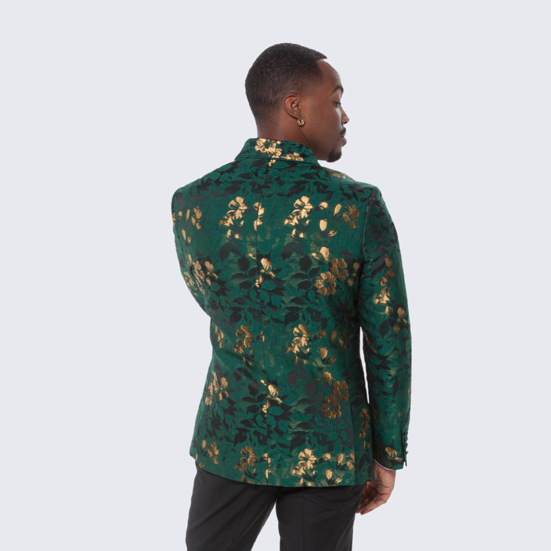 [DISCOUNTED] Green and Gold Floral Design Tuxedo Jacket Slim Fit - Limited Sizes