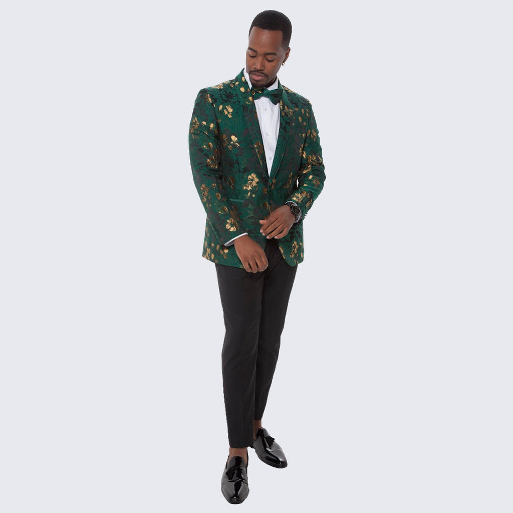 [DISCOUNTED] Green and Gold Floral Design Tuxedo Jacket Slim Fit - Limited Sizes
