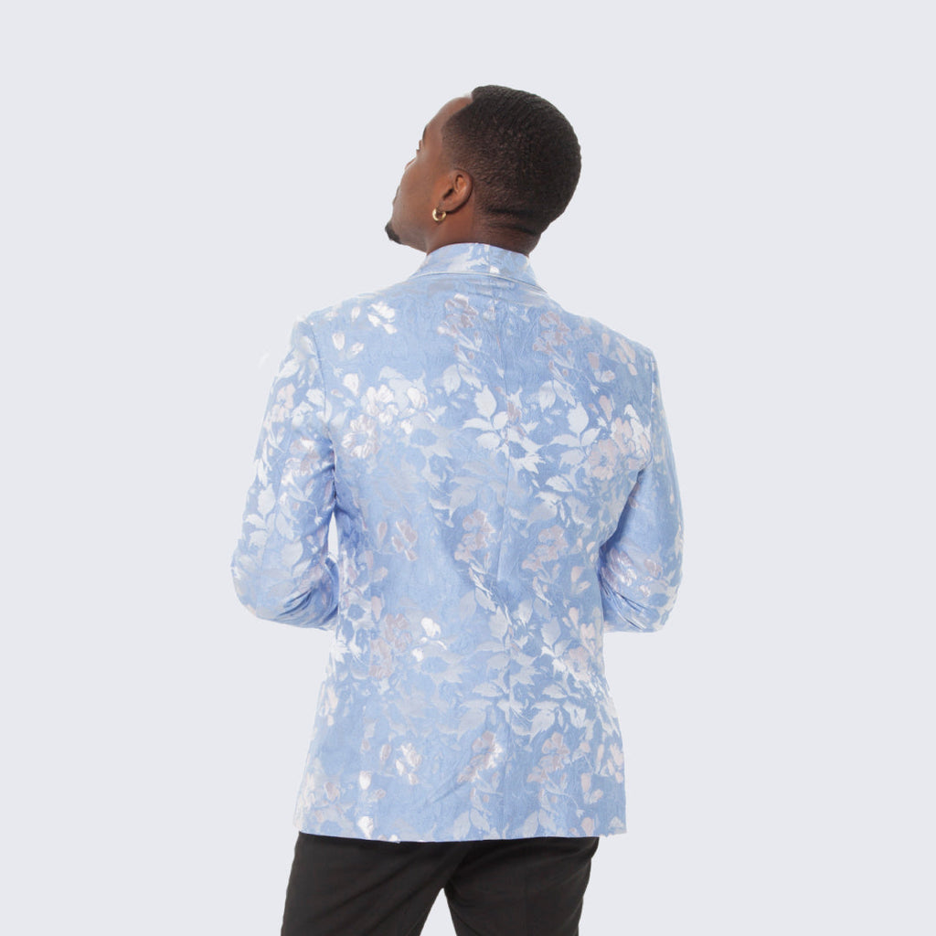 [DISCOUNTED] Sky Blue and Silver Floral Design Tuxedo Jacket Slim Fit - Limited Sizes