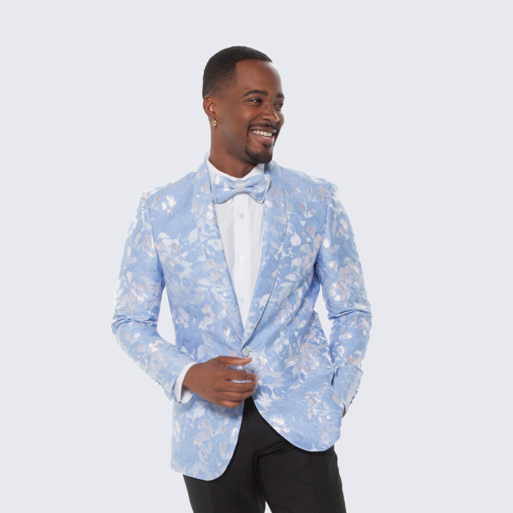[DISCOUNTED] Sky Blue and Silver Floral Design Tuxedo Jacket Slim Fit - Limited Sizes