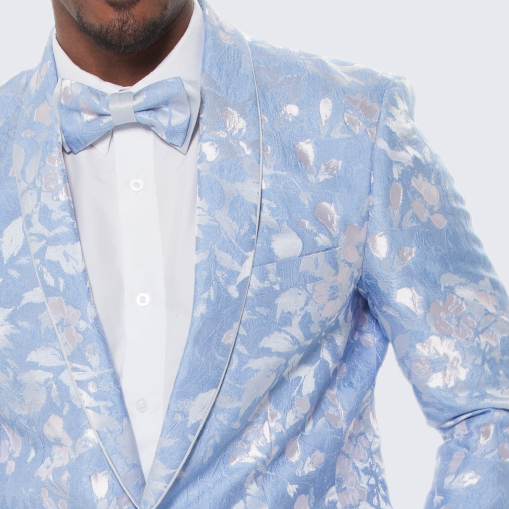 [DISCOUNTED] Sky Blue and Silver Floral Design Tuxedo Jacket Slim Fit - Limited Sizes