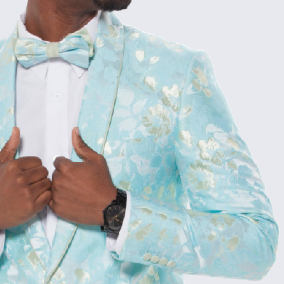 [DISCOUNTED] Mint and Yellow Floral Design Tuxedo Jacket Slim Fit - Limited Sizes